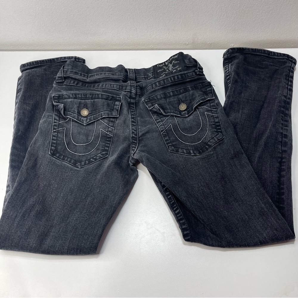 True Religion Ricky Men 31Jean Charcoal Blk Flap Button Pocket Relaxed Straight